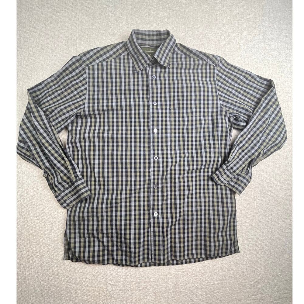 Ermenegildo Zegna Mens Medium Green/Black Checked Long Sleeve Dress Shirt Luxury
